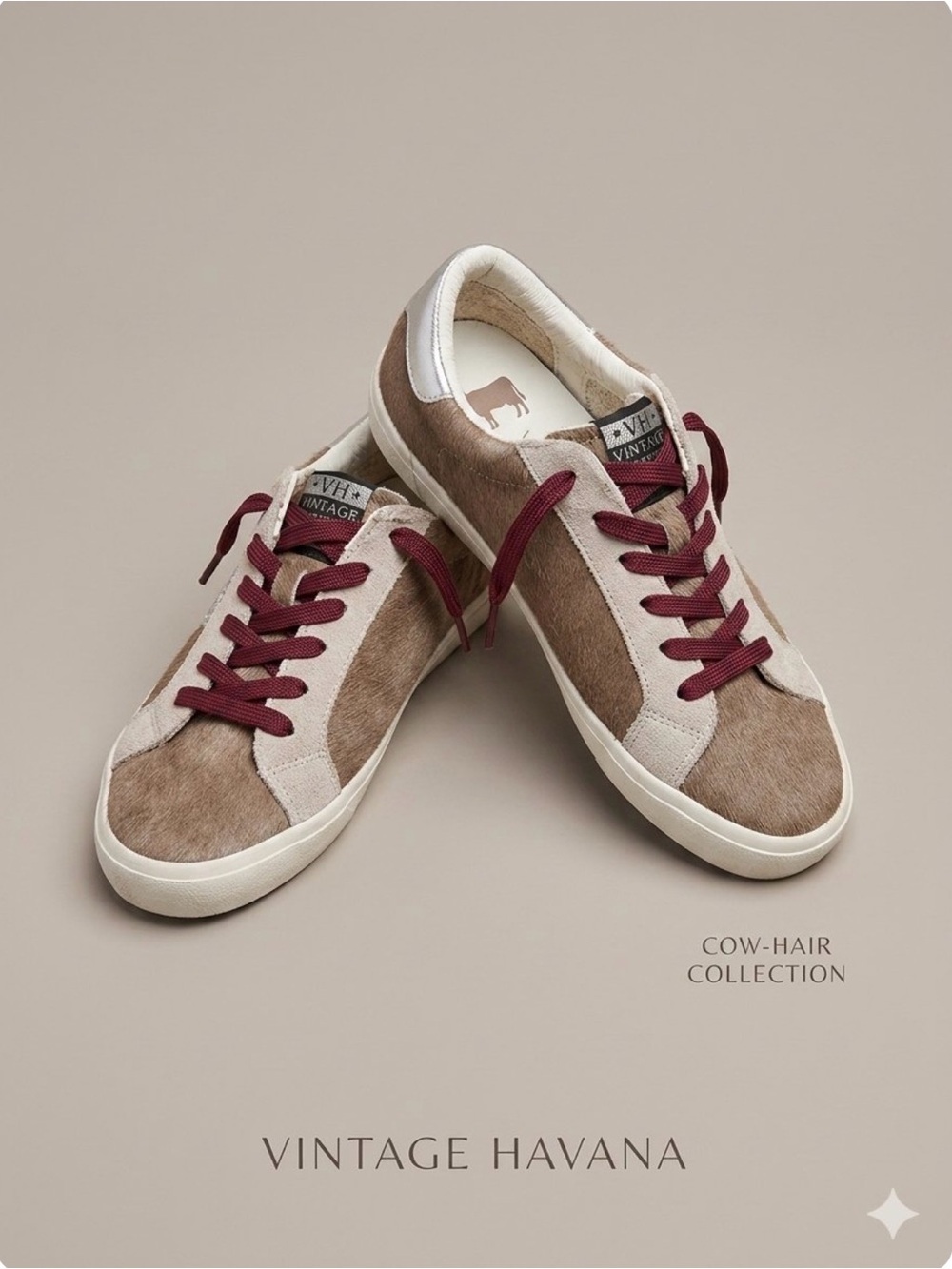 Vintage Havana Taupe Suede & Calf Hair Lotus Sneakers w/ Burgundy Laces - Size 7
